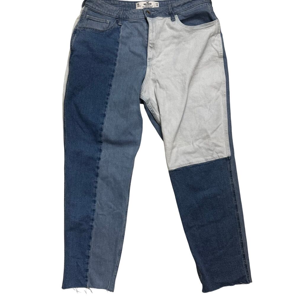 Hollister Curvy High Rise Mom Jeans Color Block Patchwork Size 15L 32x29 Raw Hem